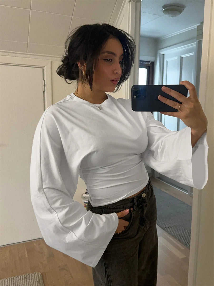 Women Solid Color Round Neck Front Shoulder Wide Long Sleeves Cinched Waist Slim Crop Top Daily Casual Simple Versatile Tops - Boutique ÉclatsChic