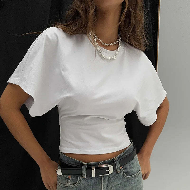 Women's New Arrival Solid Colour Pure Cotton Crew Neck Pullover Short-Sleeved Loose-Fit Waist-Defining Cropped Top with Exposed