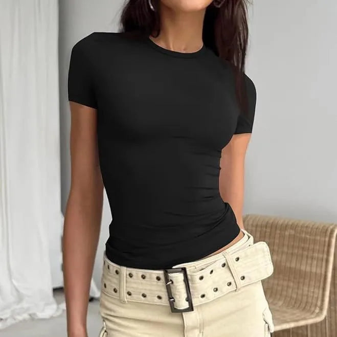 Women's New Arrival Solid Colour Pure Cotton Crew Neck Pullover Short-Sleeved Loose-Fit Waist-Defining Cropped Top with Exposed