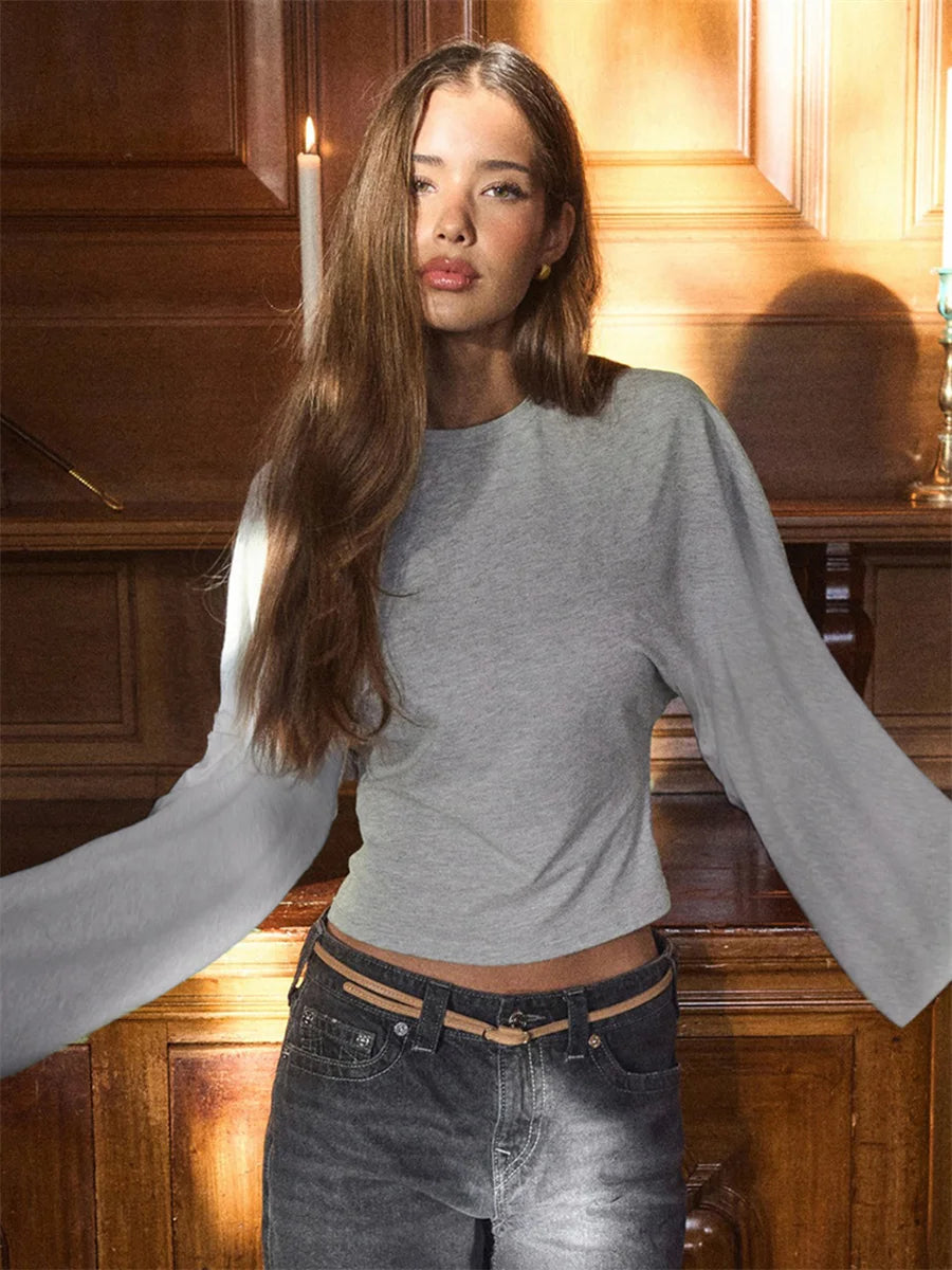 Women Solid Color Round Neck Front Shoulder Wide Long Sleeves Cinched Waist Slim Crop Top Daily Casual Simple Versatile Tops - Boutique ÉclatsChic