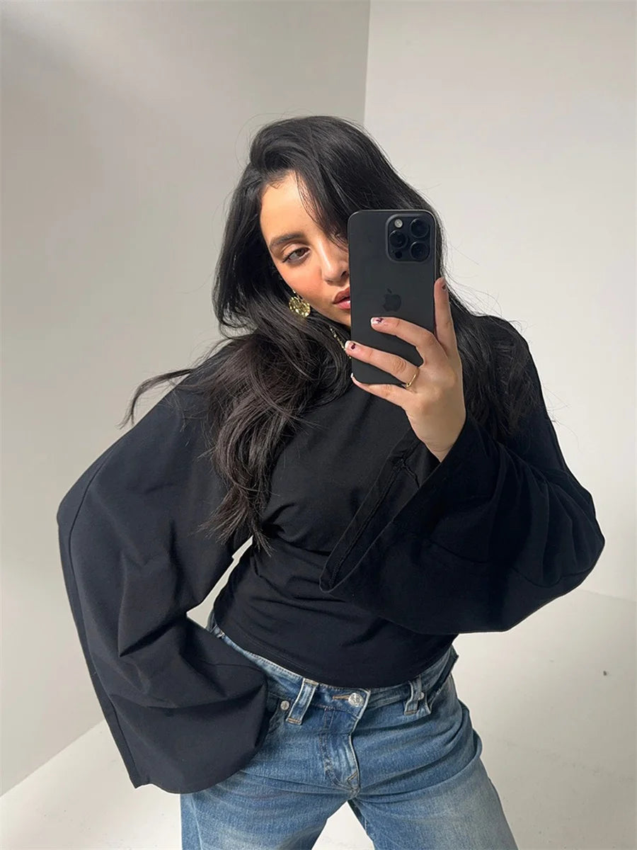 Women Solid Color Round Neck Front Shoulder Wide Long Sleeves Cinched Waist Slim Crop Top Daily Casual Simple Versatile Tops - Boutique ÉclatsChic