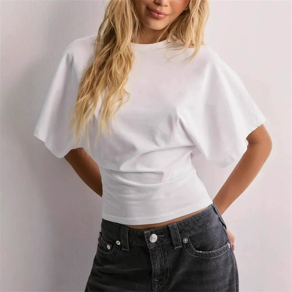 Women's New Arrival Solid Colour Pure Cotton Crew Neck Pullover Short-Sleeved Loose-Fit Waist-Defining Cropped Top with Exposed
