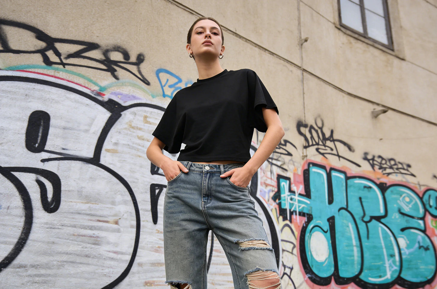 Women's New Arrival Solid Colour Pure Cotton Crew Neck Pullover Short-Sleeved Loose-Fit Waist-Defining Cropped Top with Exposed